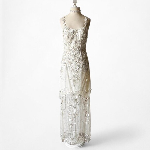 Vintage Off White Floral Applique Beaded Mesh Maxi Bodycon Prom Dress Size M - Picture 5 of 8